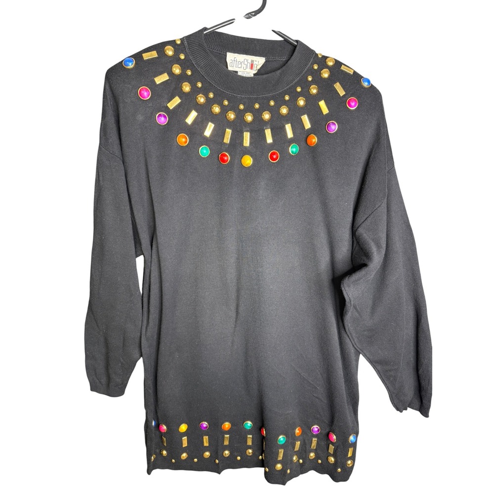 Vintage Aftershock 80s Sweater Dress Black Cotton Embellished Studs Made in USA